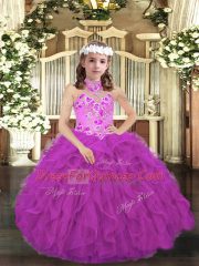 Tulle Halter Top Sleeveless Lace Up Embroidery and Ruffles Pageant Gowns For Girls in Purple