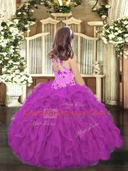 Tulle Halter Top Sleeveless Lace Up Embroidery and Ruffles Pageant Gowns For Girls in Purple