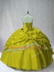 Olive Green Ball Gowns Organza Sweetheart Sleeveless Beading and Appliques and Pick Ups Floor Length Lace Up Quince Ball Gowns