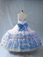 High Class Embroidery and Ruffled Layers Quinceanera Dress Blue And White Lace Up Sleeveless Floor Length