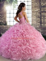 Discount Rose Pink Sleeveless Fabric With Rolling Flowers Lace Up Sweet 16 Quinceanera Dress for Military Ball and Sweet 16 and Quinceanera