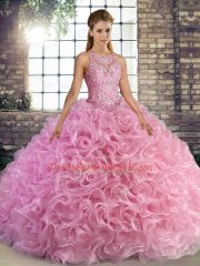 Discount Rose Pink Sleeveless Fabric With Rolling Flowers Lace Up Sweet 16 Quinceanera Dress for Military Ball and Sweet 16 and Quinceanera