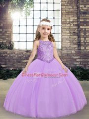 Fantastic Lavender Sleeveless Tulle Lace Up Little Girls Pageant Dress Wholesale for Party and Wedding Party