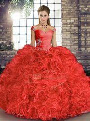 Coral Red Off The Shoulder Neckline Beading and Ruffles Quinceanera Dresses Sleeveless Lace Up