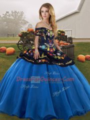 Super Sleeveless Floor Length Embroidery Lace Up Sweet 16 Quinceanera Dress with Blue And Black