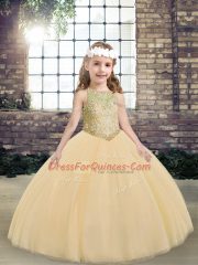 High Class Sleeveless Tulle Floor Length Lace Up Kids Formal Wear in Peach with Beading