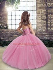 High Class Sleeveless Tulle Floor Length Lace Up Kids Formal Wear in Peach with Beading