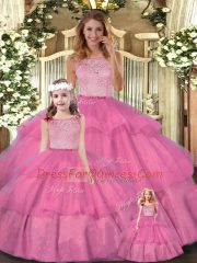Exquisite Hot Pink Sweet 16 Dresses Military Ball and Sweet 16 and Quinceanera with Lace and Ruffled Layers Scoop Sleeveless Zipper