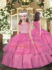 Exquisite Hot Pink Sweet 16 Dresses Military Ball and Sweet 16 and Quinceanera with Lace and Ruffled Layers Scoop Sleeveless Zipper