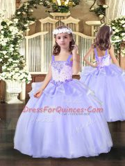 Inexpensive Lavender Sleeveless Floor Length Beading Lace Up Little Girls Pageant Dress