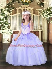 Inexpensive Lavender Sleeveless Floor Length Beading Lace Up Little Girls Pageant Dress