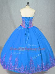Blue Tulle Lace Up Sweetheart Sleeveless Floor Length Sweet 16 Dresses Beading and Embroidery