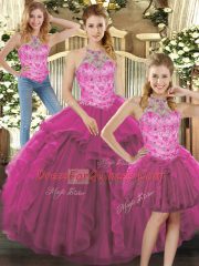 Sweet Fuchsia Halter Top Neckline Beading and Ruffles Quinceanera Dresses Sleeveless Lace Up