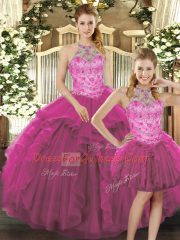 Sweet Fuchsia Halter Top Neckline Beading and Ruffles Quinceanera Dresses Sleeveless Lace Up