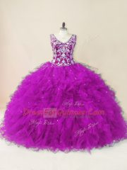 Eye-catching Fuchsia V-neck Neckline Beading Ball Gown Prom Dress Sleeveless Backless