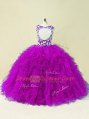 Eye-catching Fuchsia V-neck Neckline Beading Ball Gown Prom Dress Sleeveless Backless
