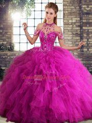 Suitable Fuchsia Lace Up 15th Birthday Dress Beading and Ruffles Sleeveless Floor Length