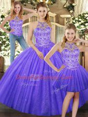 High Quality Lavender Tulle Lace Up Sweet 16 Dress Sleeveless Floor Length Beading