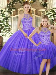 High Quality Lavender Tulle Lace Up Sweet 16 Dress Sleeveless Floor Length Beading