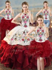 Classical Organza Halter Top Sleeveless Lace Up Embroidery and Ruffles Vestidos de Quinceanera in White And Red
