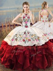 Classical Organza Halter Top Sleeveless Lace Up Embroidery and Ruffles Vestidos de Quinceanera in White And Red