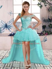 Sleeveless Tulle High Low Lace Up Evening Dress in Aqua Blue with Beading and Ruffles