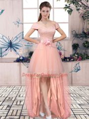 Designer High Low Lace Up Evening Dress Pink for Prom and Party with Lace and Hand Made Flower
