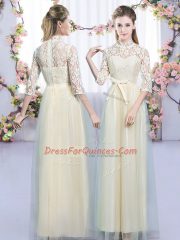 High Quality Champagne Vestidos de Damas Wedding Party with Lace and Bowknot High-neck Half Sleeves Zipper