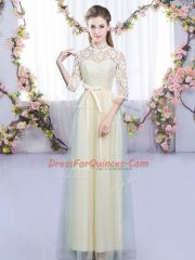 High Quality Champagne Vestidos de Damas Wedding Party with Lace and Bowknot High-neck Half Sleeves Zipper