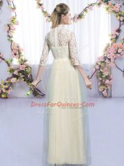 High Quality Champagne Vestidos de Damas Wedding Party with Lace and Bowknot High-neck Half Sleeves Zipper