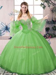 Fabulous Long Sleeves Floor Length Beading Lace Up 15th Birthday Dress with Green
