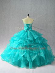 Delicate Floor Length Aqua Blue Vestidos de Quinceanera Organza Sleeveless Beading and Ruffles