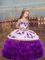 On Sale Eggplant Purple Ball Gowns Organza Straps Sleeveless Embroidery and Ruffled Layers Floor Length Lace Up Winning Pageant Gowns