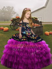 Gorgeous Fuchsia Straps Neckline Embroidery and Ruffled Layers Kids Pageant Dress Sleeveless Lace Up