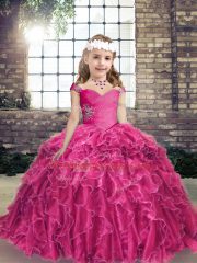 Sleeveless Floor Length Beading and Ruffles Lace Up Little Girl Pageant Gowns with Fuchsia