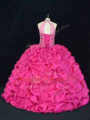 Customized Hot Pink Halter Top Neckline Beading and Appliques and Embroidery and Pick Ups Quinceanera Gown Sleeveless Lace Up