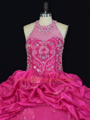 Customized Hot Pink Halter Top Neckline Beading and Appliques and Embroidery and Pick Ups Quinceanera Gown Sleeveless Lace Up