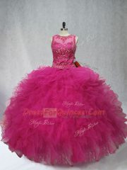 Fuchsia Lace Up Quinceanera Dresses Beading and Ruffles Sleeveless Floor Length