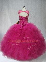 Fuchsia Lace Up Quinceanera Dresses Beading and Ruffles Sleeveless Floor Length
