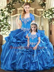 Floor Length Blue Sweet 16 Dresses Sweetheart Sleeveless Lace Up