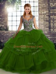 Exceptional Sleeveless Tulle Floor Length Lace Up Quince Ball Gowns in Green with Beading and Ruffles
