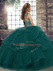 Exceptional Sleeveless Tulle Floor Length Lace Up Quince Ball Gowns in Green with Beading and Ruffles