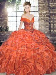 Gorgeous Sleeveless Floor Length Beading and Ruffles Lace Up 15 Quinceanera Dress with Orange Red