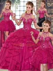 Lovely Halter Top Sleeveless Tulle Quince Ball Gowns Beading and Ruffles Lace Up
