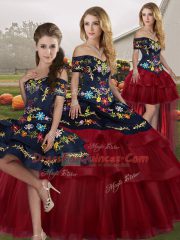 Wine Red Sleeveless Tulle Brush Train Lace Up Quince Ball Gowns for Military Ball and Sweet 16 and Quinceanera