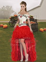 Custom Design Red A-line Off The Shoulder Sleeveless Organza High Low Lace Up Embroidery and Ruffles Evening Dress