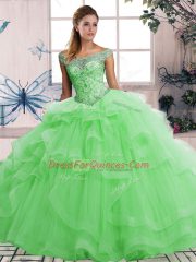 Ball Gowns Quinceanera Gown Green Off The Shoulder Tulle Sleeveless Floor Length Lace Up