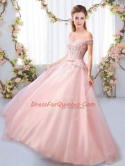 Pink Lace Up Damas Dress Appliques and Belt Sleeveless Floor Length