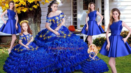 Royal Blue Off The Shoulder Neckline Embroidery and Ruffles Sweet 16 Dress Sleeveless Lace Up