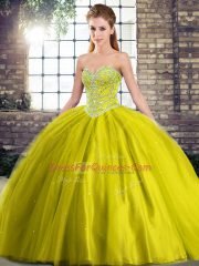 Ideal Olive Green Sweet 16 Dresses Sweetheart Sleeveless Brush Train Lace Up